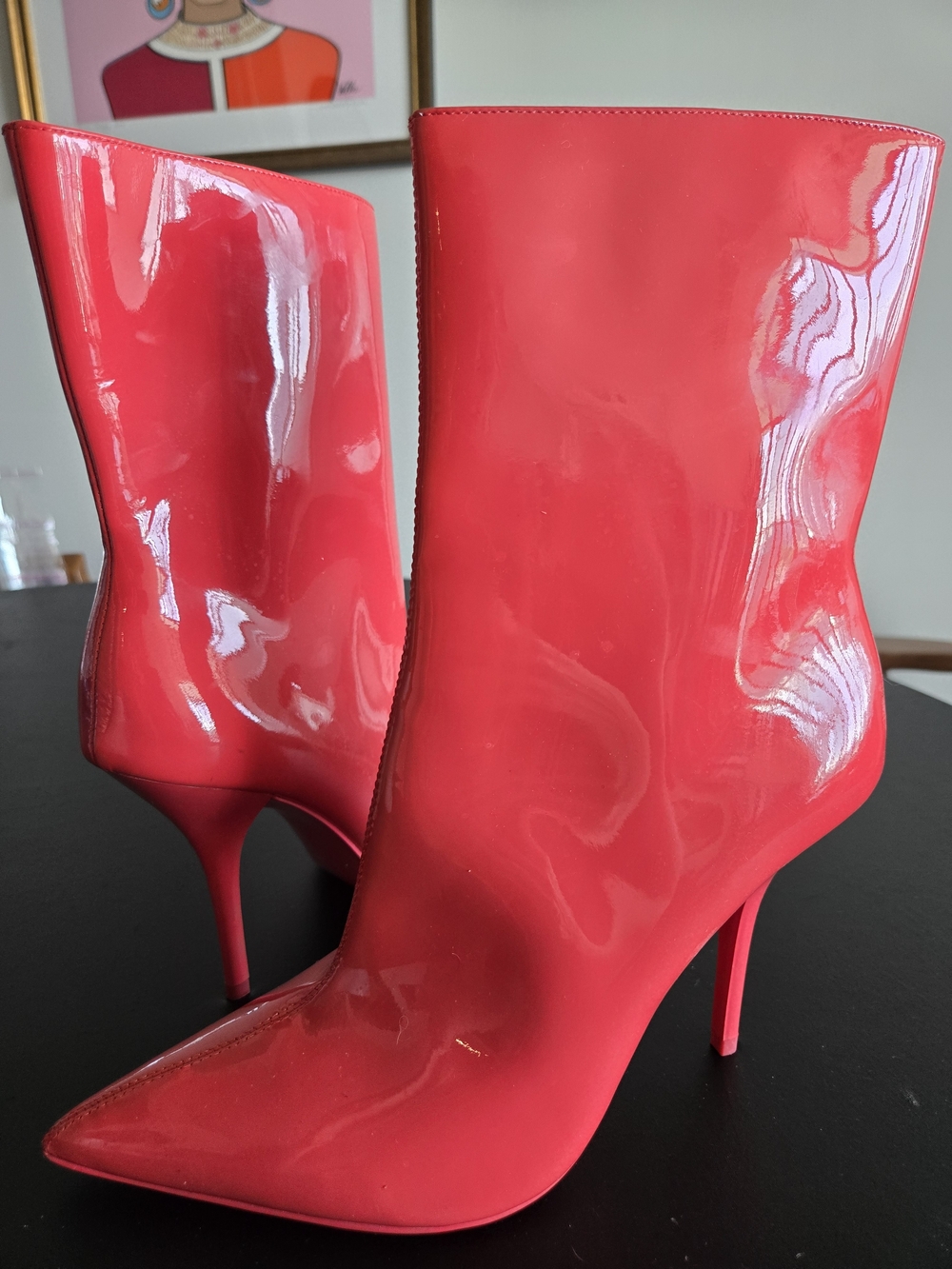 ​Calvin Klein Mada 2 Patent Neon Pink Red Stiletto Ankle Boots - Sz 9